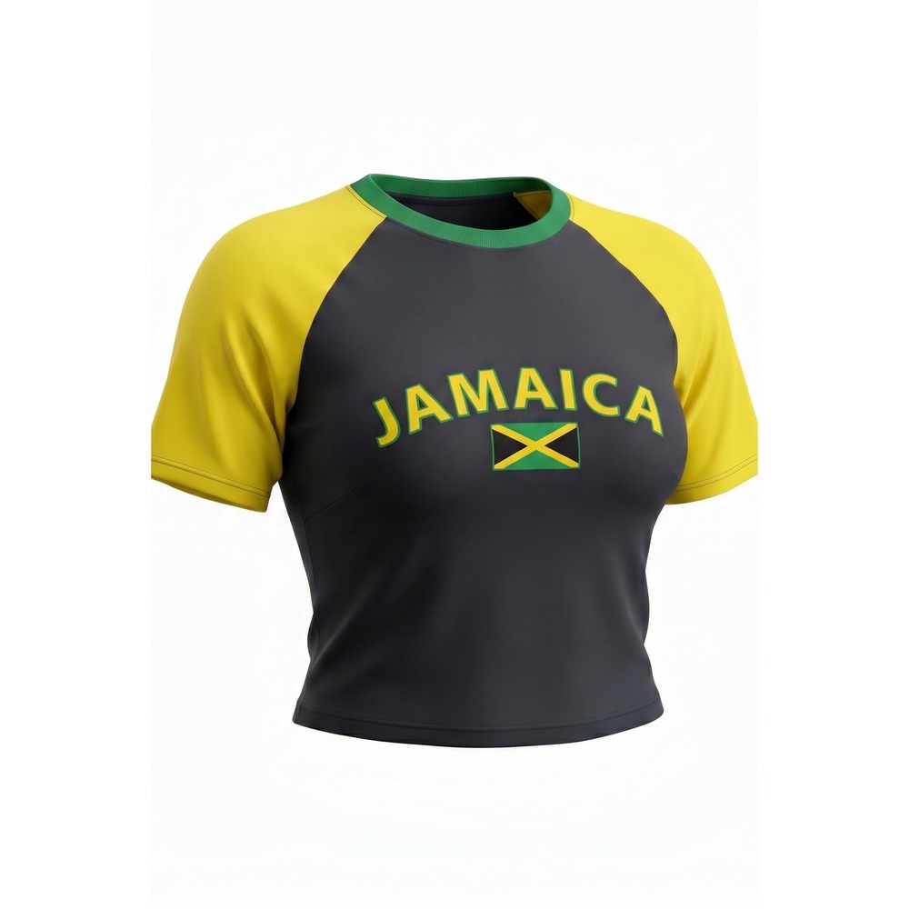 Jamaica Graphic Crop Top Womens Raglan Short Sleeve Shirt Black Yellow Green